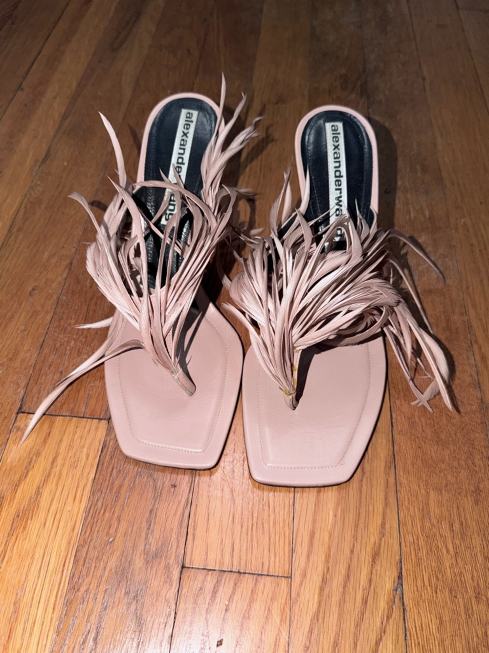 Alexander Wang Ivy Feather Sandal Nude Pink Square-Toe Mules Heels Size 39 - Picture 2 of 8